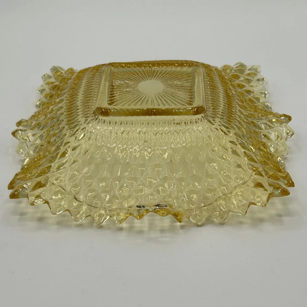 Vintage Mid Century Yellow Diamond Point Square Pressed Glass Candy Trinket Dish